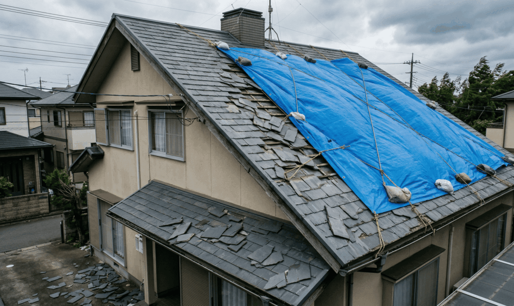 強風でスレート瓦が飛散し、ブルーシートで応急処置